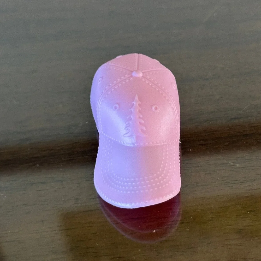 Miniature Pink Plastic Doll Baseball Cap with Pine Tree Logo Toy Accessory